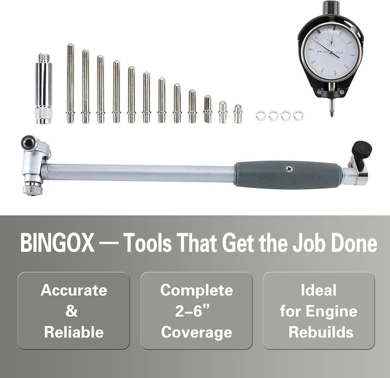 BINGOX Dial Bore Gauge 2-6 Inch (50-160mm), 0.001" Accuracy Mechanical Cylinder Bore Gauge Set with Extension Rods, Engine Cylinder Measuring Tool for Machinists with Dial Indicator - Image 2